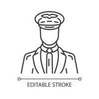 Pilot linear icon. Aircraft control. Airplane team. Plane worker. Jet uniform. Aircrew. Aviation service staff. Thin line illustration. Contour symbol. Vector isolated outline drawing. Editable stroke