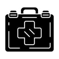 Emergency help glyph icon. Airplane first aid kit. Medicine bag with medications. Plane safeness. Safety measures. Aviation service. Silhouette symbol. Negative space. Vector isolated illustration