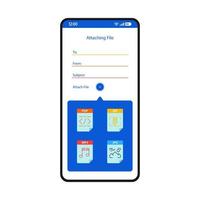 Email sending smartphone interface vector template. Mobile app page white design layout. Attaching files, media screen. Flat UI for application. Online attachments sharing, adding. Phone display