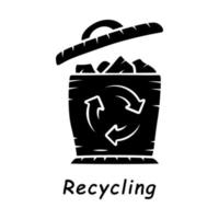 Recycling glyph icon. Environmental sustainability. Trash sorting. Plastic, paper garbage utilization. Waste recycling. Trashcan. Silhouette symbol. Negative space. Vector isolated illustration