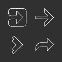 Arrow types chalk icons set. Forward, right, curved, geometric arrows. Arrowhead in square indicating rightward. Motion indicator. Next arrow. Isolated vector chalkboard illustrations