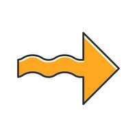 Wavy orange arrow color icon. Direction pointer sign. Indicating arrowhead. Spiral line. Pointing cursor. Marker, indicator. Motion, next. Movement sign. Isolated vector illustration