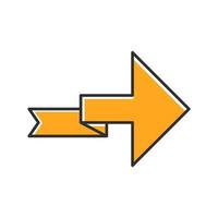 Orange arrow with folding line color icon. Right turning arrowhead. Next ribbon arrow. Navigation symbol. Indicating sign. Direction indexer, indicator. Motion designator. Isolated vector illustration