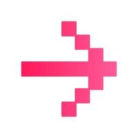 Pixel pink arrow flat design long shadow color icon. Forward indicator, right marker. Indicating sign. Pixel gaming arrow. Mosaic navigation symbol. Direction move. Vector silhouette illustration