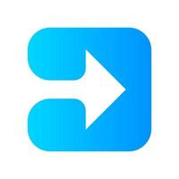 Blue arrow in square flat design long shadow color icon. Play button. Forward indicator, right turn. Arrowhead indicating rightward. Next arrow. Navigation cursor. Vector silhouette illustration