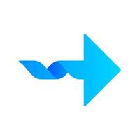 Twisted blue arrow flat design long shadow color icon. Navigation pointer. Direction move. Spiral line. Pointing cursor. Arrowhead indicating rightward. Motion, next. Vector silhouette illustration