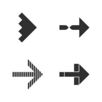 Conjunto de iconos de glifo de flechas hacia la derecha. flechas torcidas, muescas, rayadas a continuación, hacia adelante. signo de puntero de navegación. poste indicador de movimiento, indicador. símbolo señalador. símbolos de silueta. vector ilustración aislada