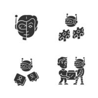 Software bot glyph icons set. Socialbot, transactional, impersonator robots. Software program. Artificial intelligence. Cyborgs, futuristic AI. Silhouette symbols. Vector isolated illustration