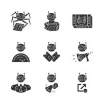 Web robots glyph icons set. Crawler, text-reading, backlink checker, informational bot. Proactive, optimizer robot. Artificial intelligence. Silhouette symbols. Vector isolated illustration