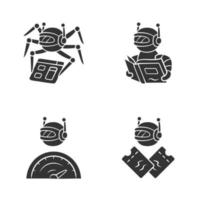 Internet bots glyph icons set. Crawler, text-reading, optimizer, scalper robot. Artificial intelligence. AI. Software app. Virtual assistant. Silhouette symbols. Vector isolated illustration