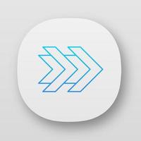 Double arrows app icon. Fast forward right arrowheads. Rewinding button. Navigation pointer, indicator. Pointing sign. UI UX user interface. Web or mobile applications. Vector isolated illustrations