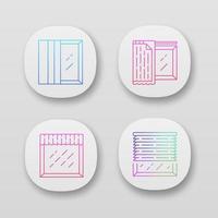 Window treatments app icons set. Panel tracks, liner, valance. House and office decoration. Living room curtain. UI UX user interface. Web or mobile applications. Vector isolated illustrations