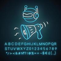 Propaganda bot neon light icon. Spam attack. Artificial intelligence. Automated propaganda. Social media bot. Glowing sign with alphabet, numbers and symbols. Vector isolated illustration