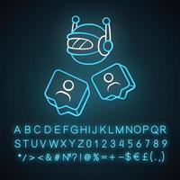 Social bot neon light icon. Socialbot, chatbot. SMM automation tool. Network communication. Online help service. Glowing sign with alphabet, numbers and symbols. Vector isolated illustration