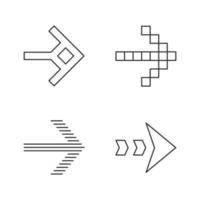 Arrow types linear icons set. Pixel, shaped, dashed, striped next, forward arrow. Arrowhead showing right direction. Thin line contour symbols. Isolated vector outline illustrations. Editable stroke