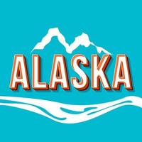 alaska vintage letras vectoriales 3d. fuente en negrita retro, tipografía. texto estilizado del arte pop. letras de estilo de la vieja escuela. Cartel de los 90, 80, diseño de banner. mar y montañas fondo de color azul vector