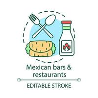 Mexican bars and restaurants concept icon. Kebab, hot pepper sauce, cutlery. Traditional burrito. Spicy meal bistro idea thin line illustration. Vector isolated outline drawing. Editable stroke