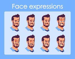 Bearded man cartoon character faces vector set. Businessman with different facial expressions flat illustrations. Avatar various emotions, moods. Person isolated heads, portraits for animation pack