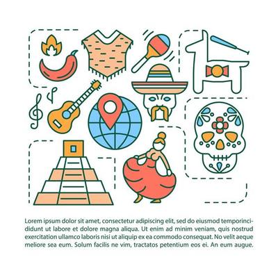 Mexican culture article page vector template. Travel to Mexico. Brochure, magazine, booklet design element with linear icons and text boxes. Print design. Concept illustrations with text space