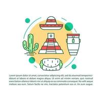 Mexican culture article page vector template. Travel to Mexico. Brochure, magazine, booklet design element with linear icons and text boxes. Print design. Concept illustrations with text space