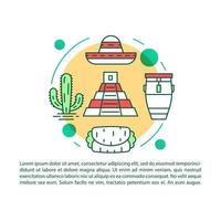 Plantilla de vector de página de artículo de cultura mexicana. viajar a mexico. folleto, revista, elemento de diseño de folleto con iconos lineales y cuadros de texto. diseño de impresión. ilustraciones de concepto con espacio de texto