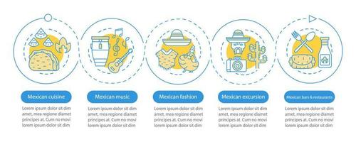 Plantilla de infografía de vector de cultura mexicana. elementos de diseño de presentación de negocios. visualización de datos con cinco pasos y opciones. gráfico de la línea de tiempo del proceso. diseño de flujo de trabajo con iconos lineales