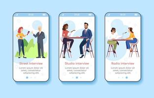 Journalism and press onboarding mobile app screen vector template. Street, studio, radio interviews. Walkthrough website steps with flat characters. UX, UI, GUI smartphone cartoon interface concept