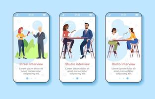 Journalism and press onboarding mobile app screen vector template. Street, studio, radio interviews. Walkthrough website steps with flat characters. UX, UI, GUI smartphone cartoon interface concept