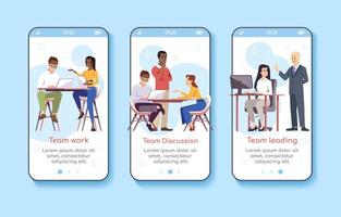 Teamwork management onboarding mobile app screen vector template. Team discussion, leading, work. Teambuilding. Walkthrough website steps with flat characters. UX, UI, GUI smartphone cartoon interface