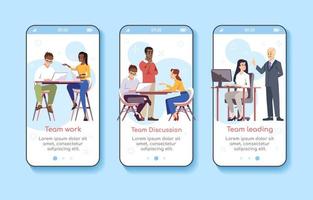 plantilla de vector de pantalla de aplicación móvil de incorporación de gestión de trabajo en equipo. discusión en equipo, liderazgo, trabajo. trabajo en equipo. paso a paso del sitio web con caracteres planos. interfaz de dibujos animados de smartphone ux, ui, gui
