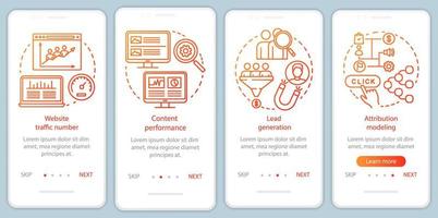 Beneficios de marketing digital Plantilla de vector de pantalla de página de aplicación móvil de incorporación naranja. paso a paso del sitio web con ilustraciones lineales. concepto de interfaz de teléfono inteligente ux, ui, gui