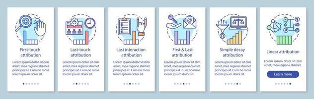 Attribution modeling types onboarding mobile app page screen with linear concepts. Diagrams, charts walkthrough steps graphic instructions. UX, UI, GUI vector template with illustrations