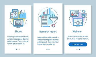 Consideration content onboarding mobile app page screen with linear concepts. Research report, ebook, webinar walkthrough steps graphic instructions. UX, UI, GUI vector template with illustrations