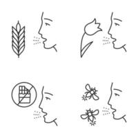 Allergies linear icons set. Hay fever, allergy to food and insects stings. Allergen sources. Medical problem. Thin line contour symbols. Isolated vector outline illustrations. Editable stroke