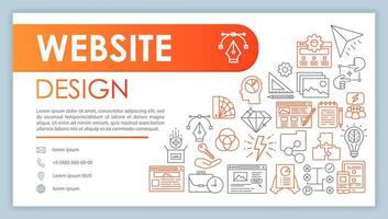 Website design banner, business card vector template. Site builder. Company contacts with phone, email linear icons. Web development. Presentation, web page idea. Corporate print layout