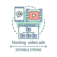 Hosting video ads concept icon. Affiliate marketing idea thin line illustration. Performance based marketing. Online video advertising, vlogging. Vector isolated outline drawing. Editable stroke