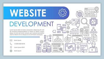 Website development banner, business card template. Programming and coding. Company contacts with phone, email linear icons. SEO, site optimization. Presentation, web page idea. Corporate print layout vector