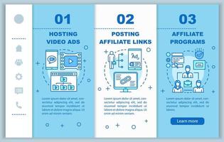 Affiliate marketing onboarding mobile web pages vector template. Video ads. Responsive smartphone website interface idea with linear illustrations. Webpage walkthrough step screens. Color concept