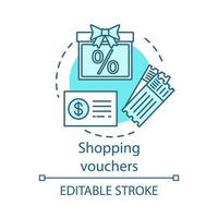 Shopping vouchers concept icon. Referral discount coupons idea thin line illustration. Special offer, bonuses. Tickets, money, sales and presents. Vector isolated outline drawing. Editable stroke