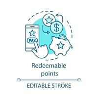 Redeemable points concept icon. Cashback, redeem bonuses idea thin line illustration. Customer loyalty program. Shopping points and money exchange. Vector isolated outline drawing. Editable stroke