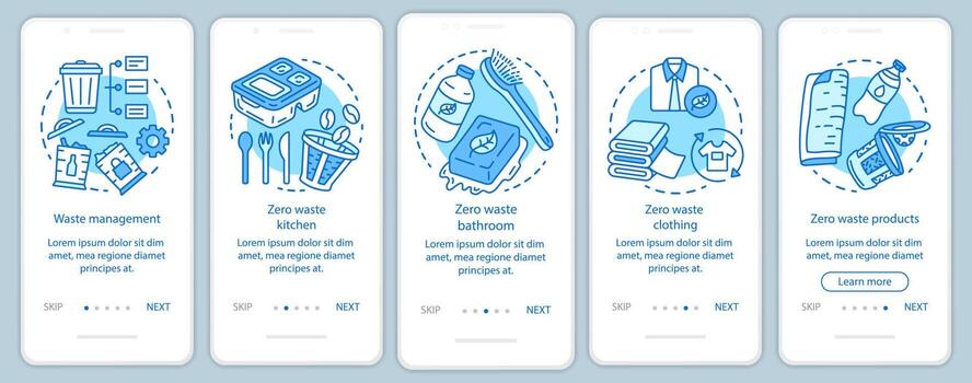 cero desperdicio estilo de vida onboarding onboarding plantilla de vector de pantalla de página de aplicación móvil. Pasos del sitio web del tutorial de gestión de residuos con ilustraciones lineales. concepto de interfaz de teléfono inteligente ux, ui, gui