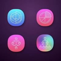 Diagrams app icons set. Planning, process flow. Statistics data visualization. Symbolic representation of information. UI UX user interface. Web or mobile applications. Vector isolated illustrations