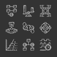 Diagram concepts chalk icons set. Statistics data and process flow visualization. Information symbolic representation. Comparisons among discrete categories. Isolated vector chalkboard illustrations