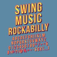 Swing music rockabilly vintage 3d vector lettering. Retro bold font, typeface. Pop art stylized text. Old school style letters, numbers pack. 90s, 80s poster, banner. Air force blue color background