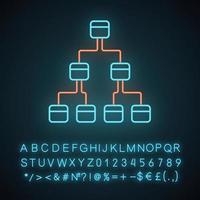 Tree diagram neon light icon. Hierarchical system. Node link diagram. Tree structure. Sequence and submission. Glowing sign with alphabet, numbers and symbols. Vector isolated illustration