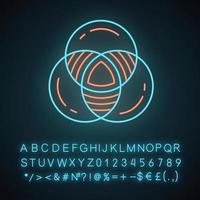 Venn diagram neon light icon. Primary diagram. Three overlapping closed circles. Comparisons among discrete categories. Glowing sign with alphabet, numbers and symbols. Vector isolated illustration