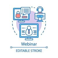 Webinar concept icon. E-learning idea thin line illustration. Web-based video conference. Web seminar. Online courses, classes. Remote education. Vector isolated outline drawing. Editable stroke