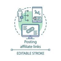 Posting affiliate links concept icon. Affiliate and referral marketing idea thin line illustration. Product promotion, recommendation. Content sharing. Vector isolated outline drawing. Editable stroke