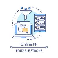 Online PR concept icon. Digital marketing strategy idea thin line illustration. Customers communication. Public relations, network. Ads strategy. Vector isolated outline drawing. Editable stroke