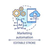 icono del concepto de automatización de marketing. táctica de marketing digital, ilustración de línea fina de idea de software. plataforma tecnológica. organización de gestión de anuncios. dibujo de contorno aislado vectorial. trazo editable vector